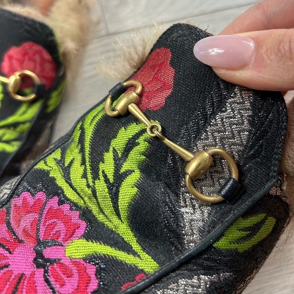 GUCCI Princetown Pink Floral Brocade Jacquard Fur Lined Loafer Slipper Mules - Picture 10 of 12